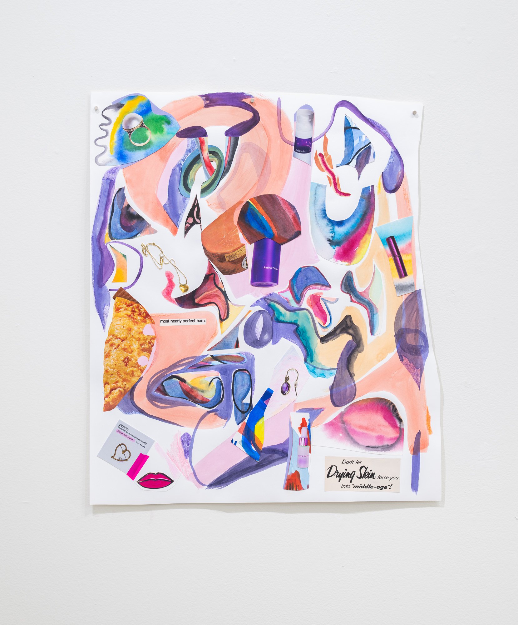 Most Nearly Perfect Ham, watercolor and collage on paper, 26x22.5”, 2019/2026