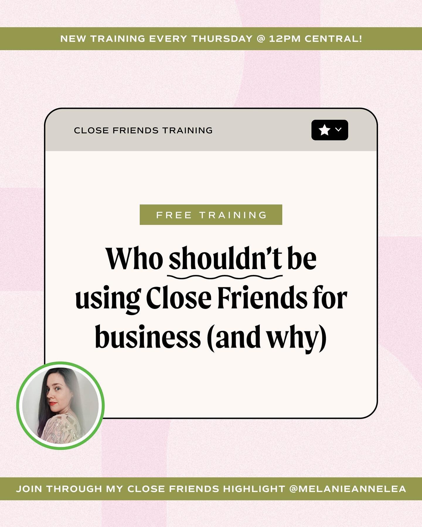 For this week's Close Friends training, I wanted to dive into who I DON'T think should be using Close Friends for marketing and explain why.⁠
⁠
In my opinion, it really comes down to what your relationship with Instagram and Stories is like. So if yo
