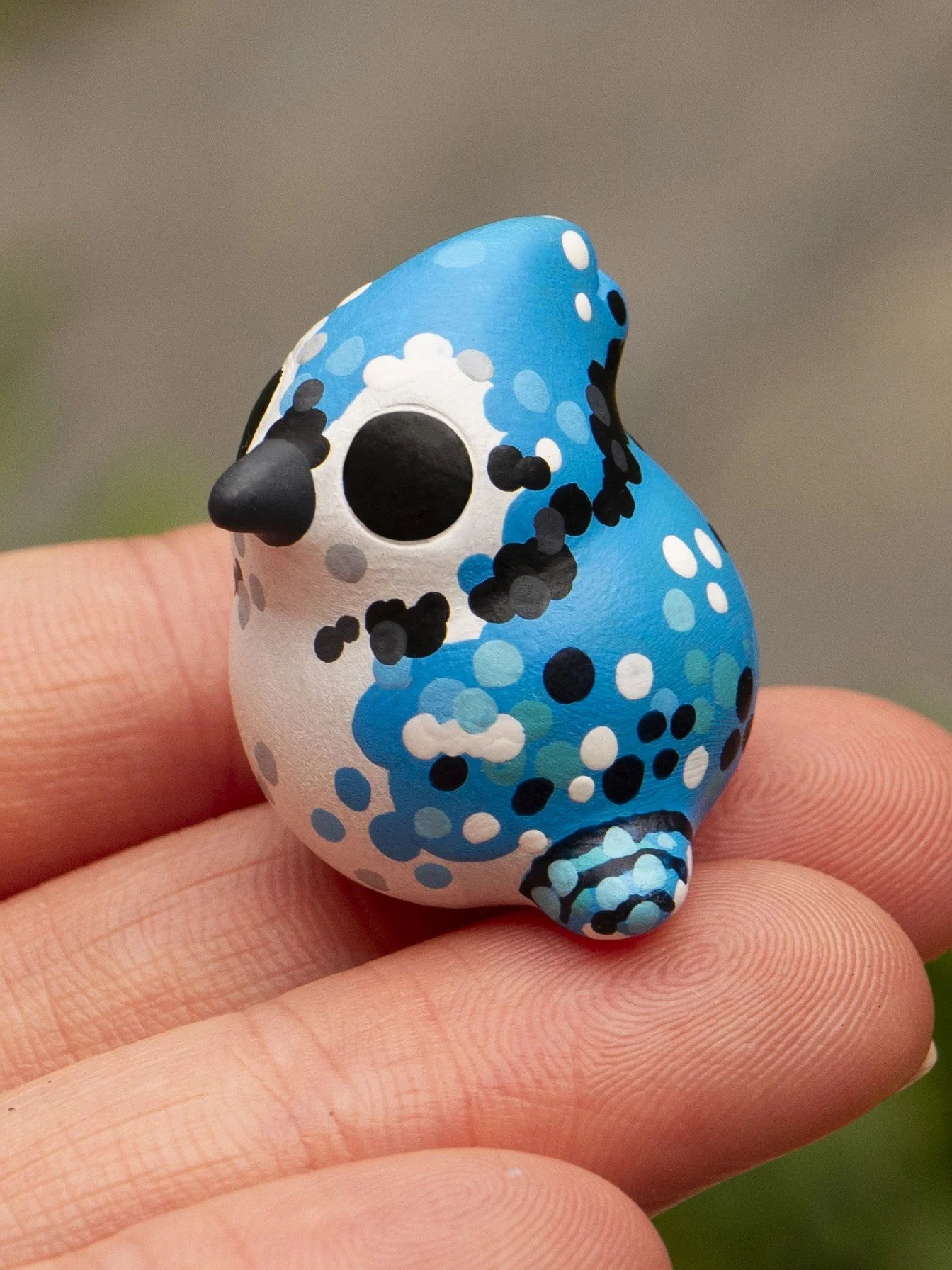Tiny blue polymer clay blue jay sculpture