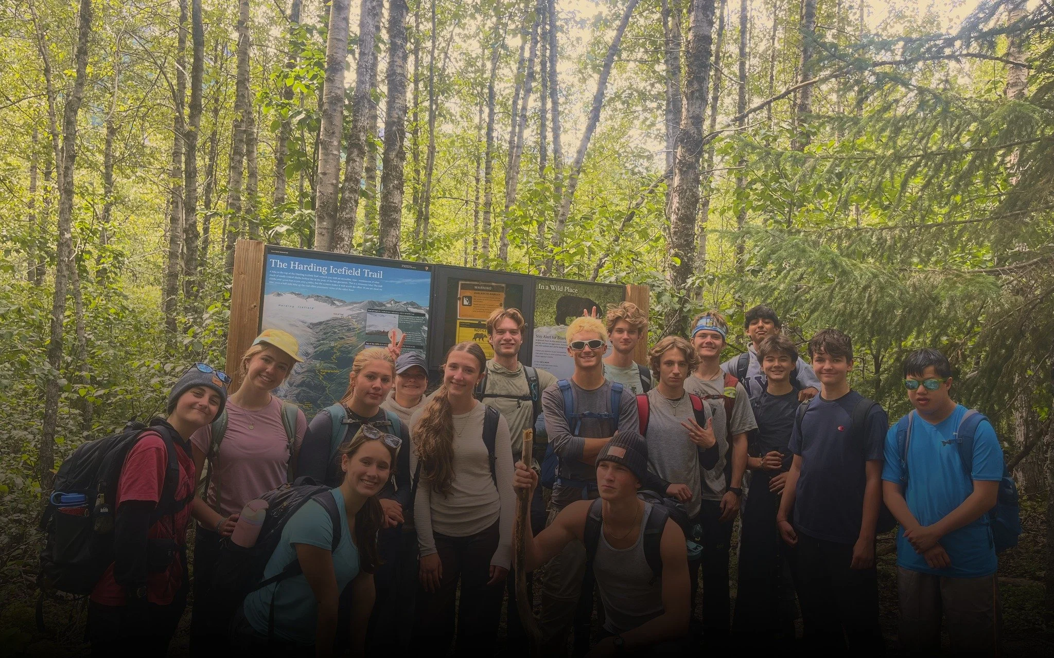  The whole group at the Harding Icefield Trail sign. 
