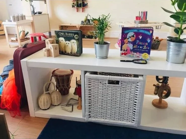 White shelf with books, potted plants, and decorative items in a classroom or playroom.