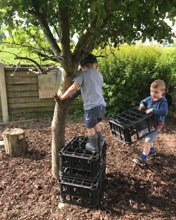 Two young boys are playing outdoors near a tree, with one standing on stacked plastic crates and the other holding a plastic crate, surrounded by wood chips and greenery.