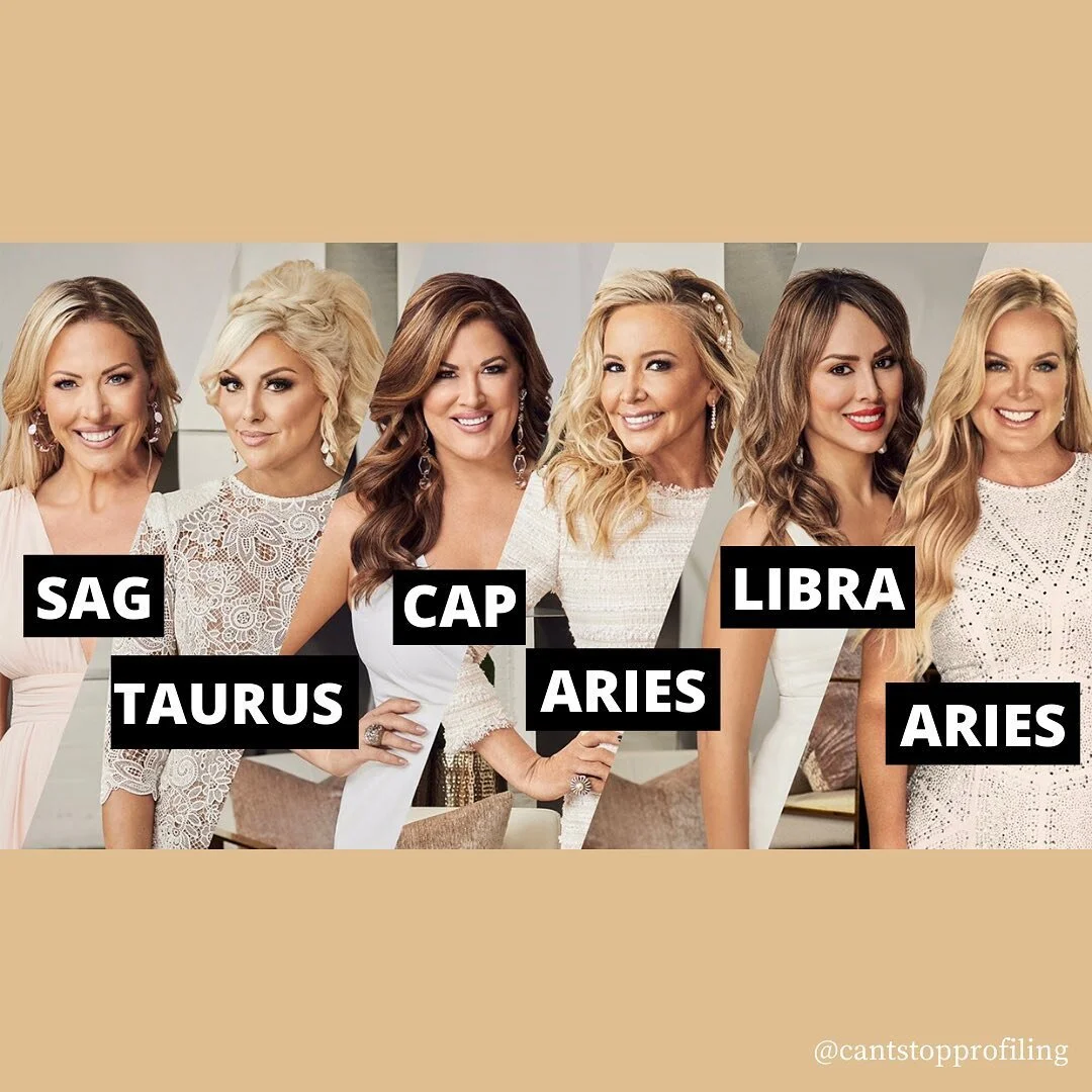 RHOC current cast + a few OGs. 

Couldn&rsquo;t find Elizabeth&rsquo;s birth year anywhere, and I even dug through her IG like a stalker.

(Depending on accurate birth times, Heather&rsquo;s moon could be Cancer, Emily&rsquo;s moon could be Leo, Gina