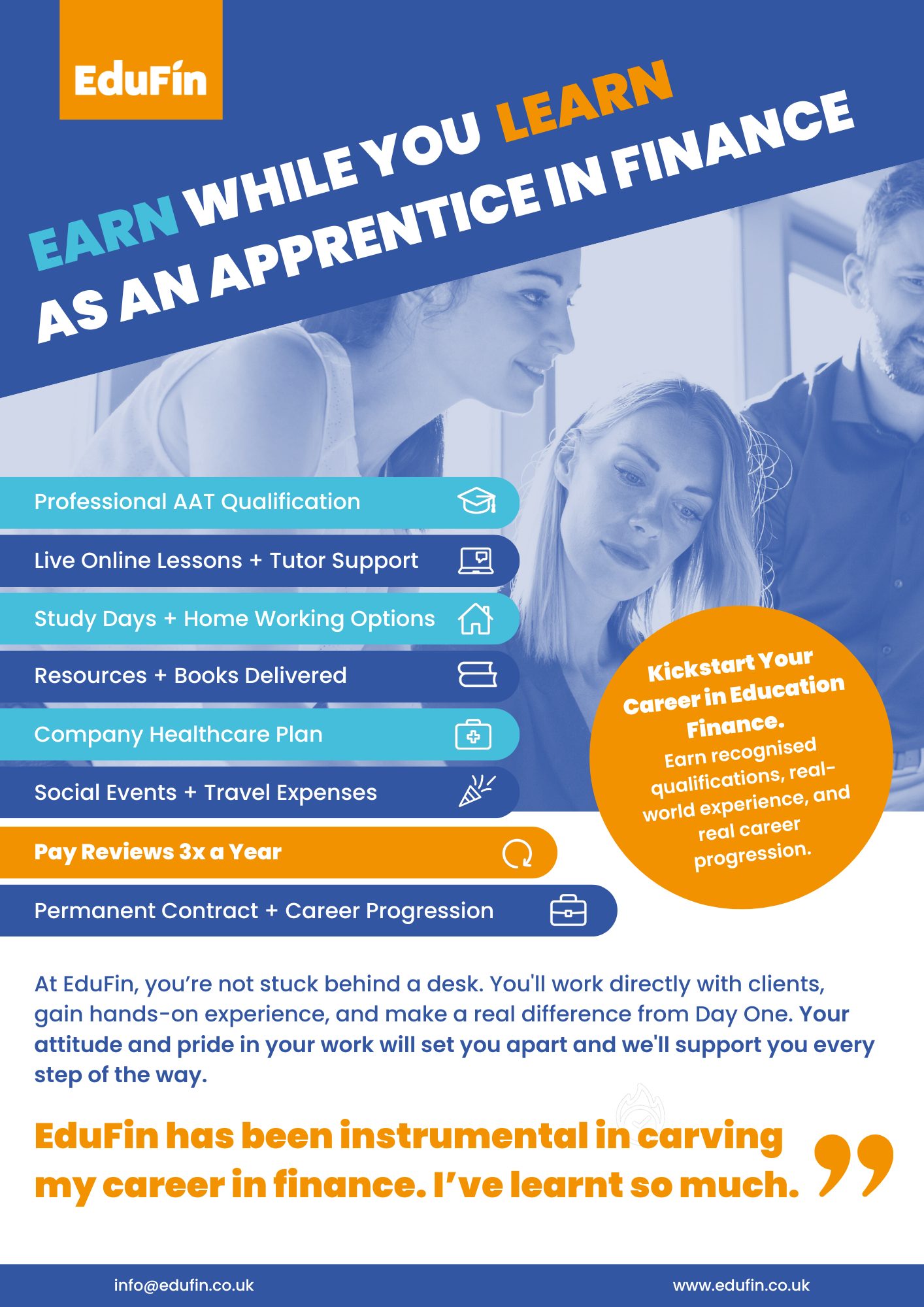 A promotional poster for EduFin, offering online finance apprenticeship programs with symbols for coursework, online lessons, study days, resources, healthcare plan, social events, review process, and career progression. Highlights include earning while learning, tutor support, flexible study options, and real career growth with positive testimonials.