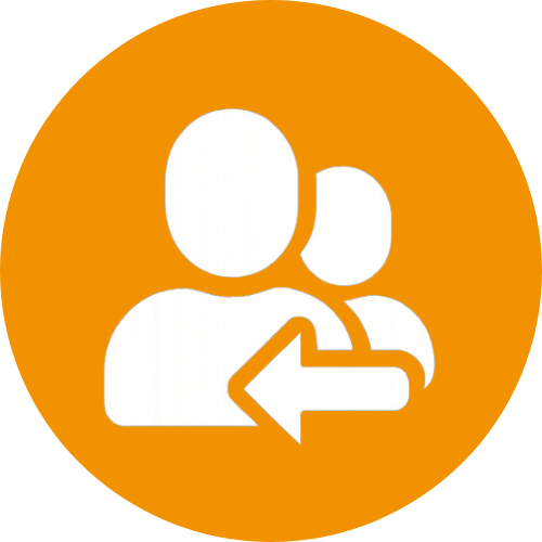 Icon of two white human silhouettes with a left-pointing arrow on an orange circular background.
