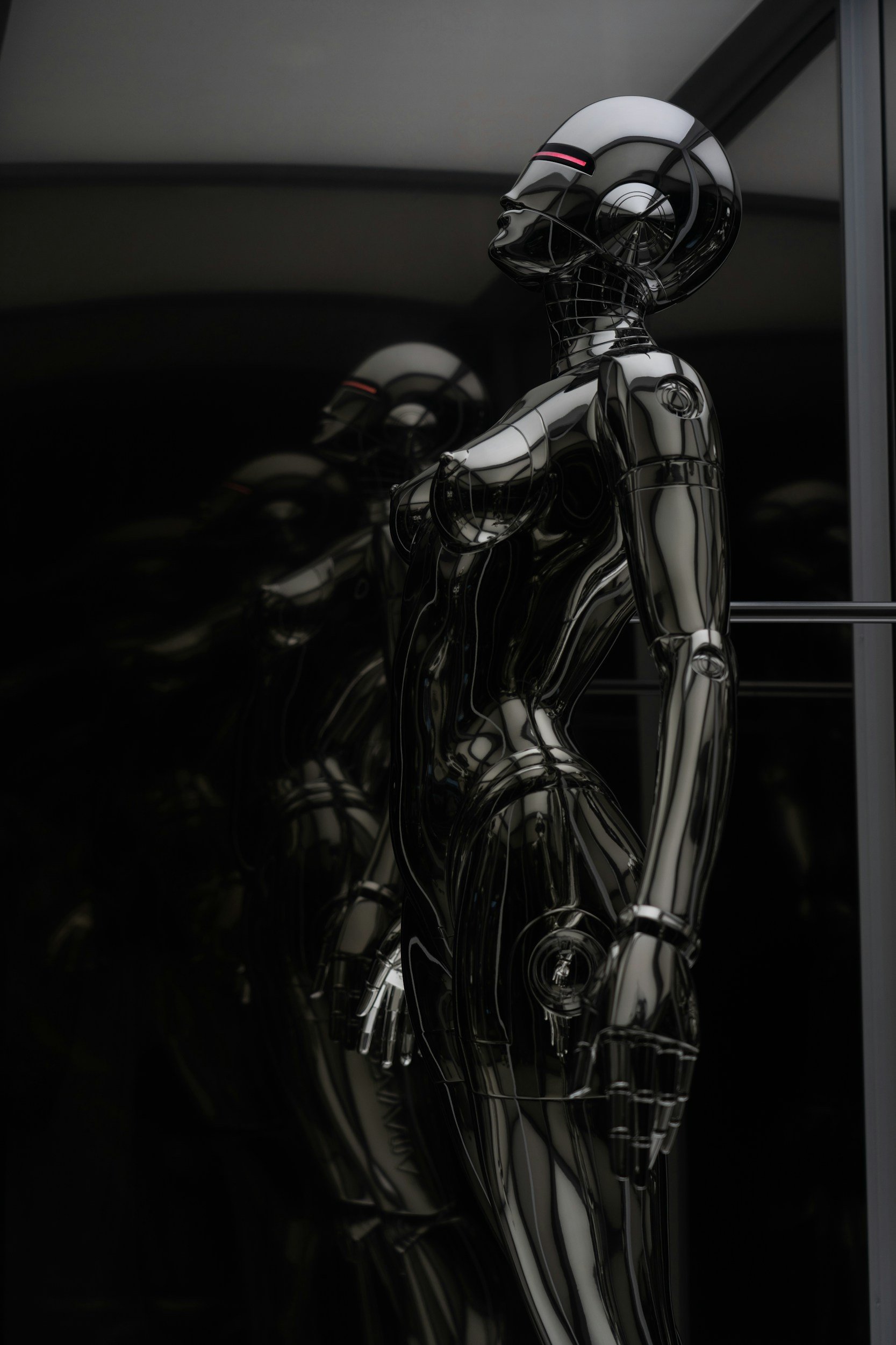 A sleek, reflective, futuristic female humanoid robot with a shiny black surface, standing in profile with one hand resting near the thigh, in front of a black background with a mirror reflecting its image.