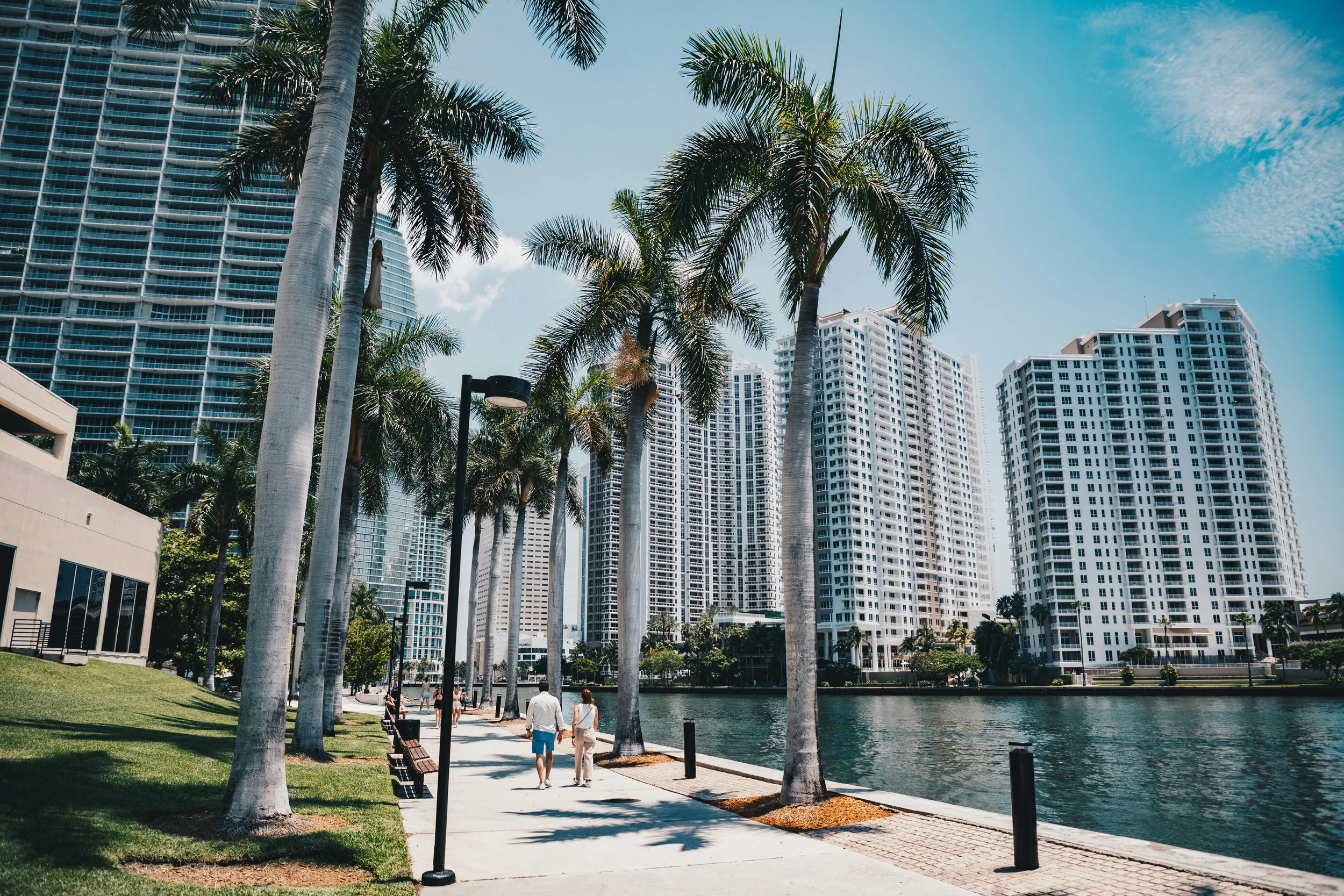 Miami business district, canal and skyscrapers