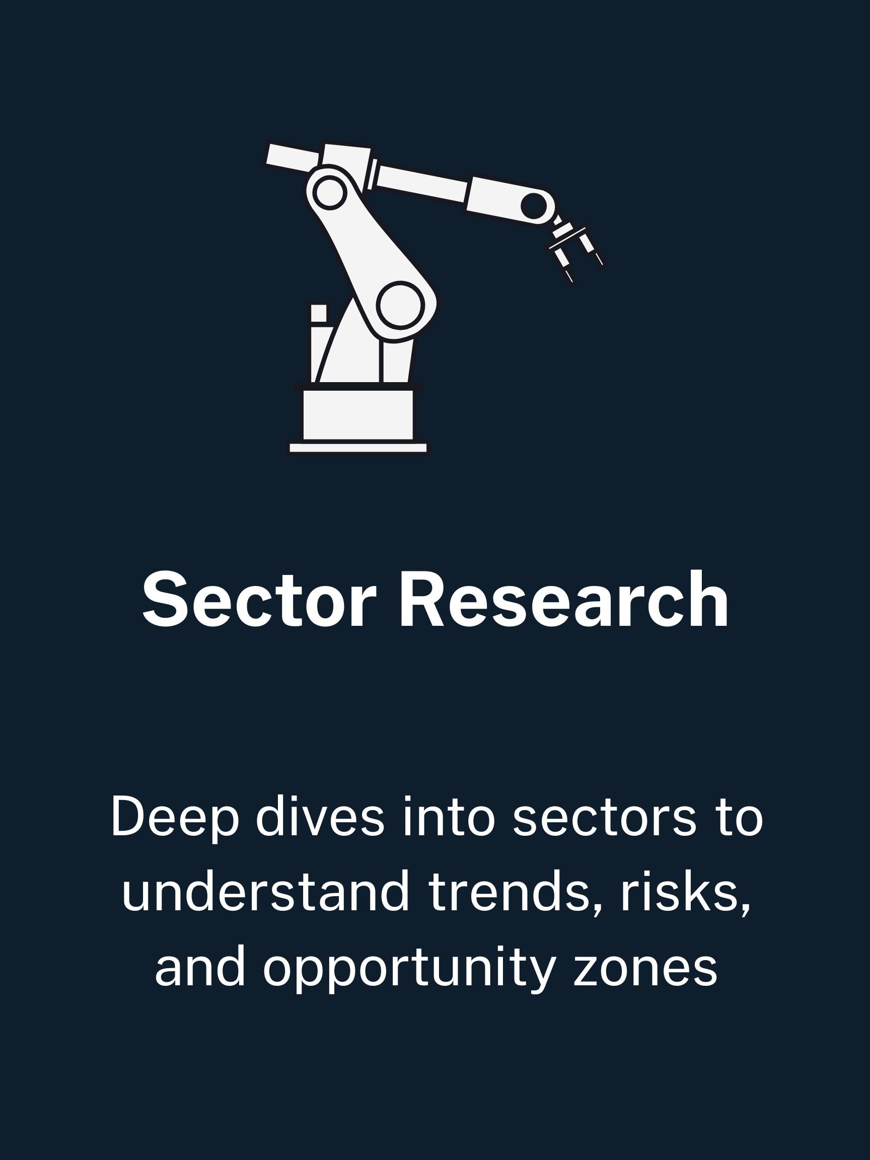 Illustration of a robotic arm with the text 'Sector Research' and a description about diving into sectors to understand trends, risks, and opportunities.