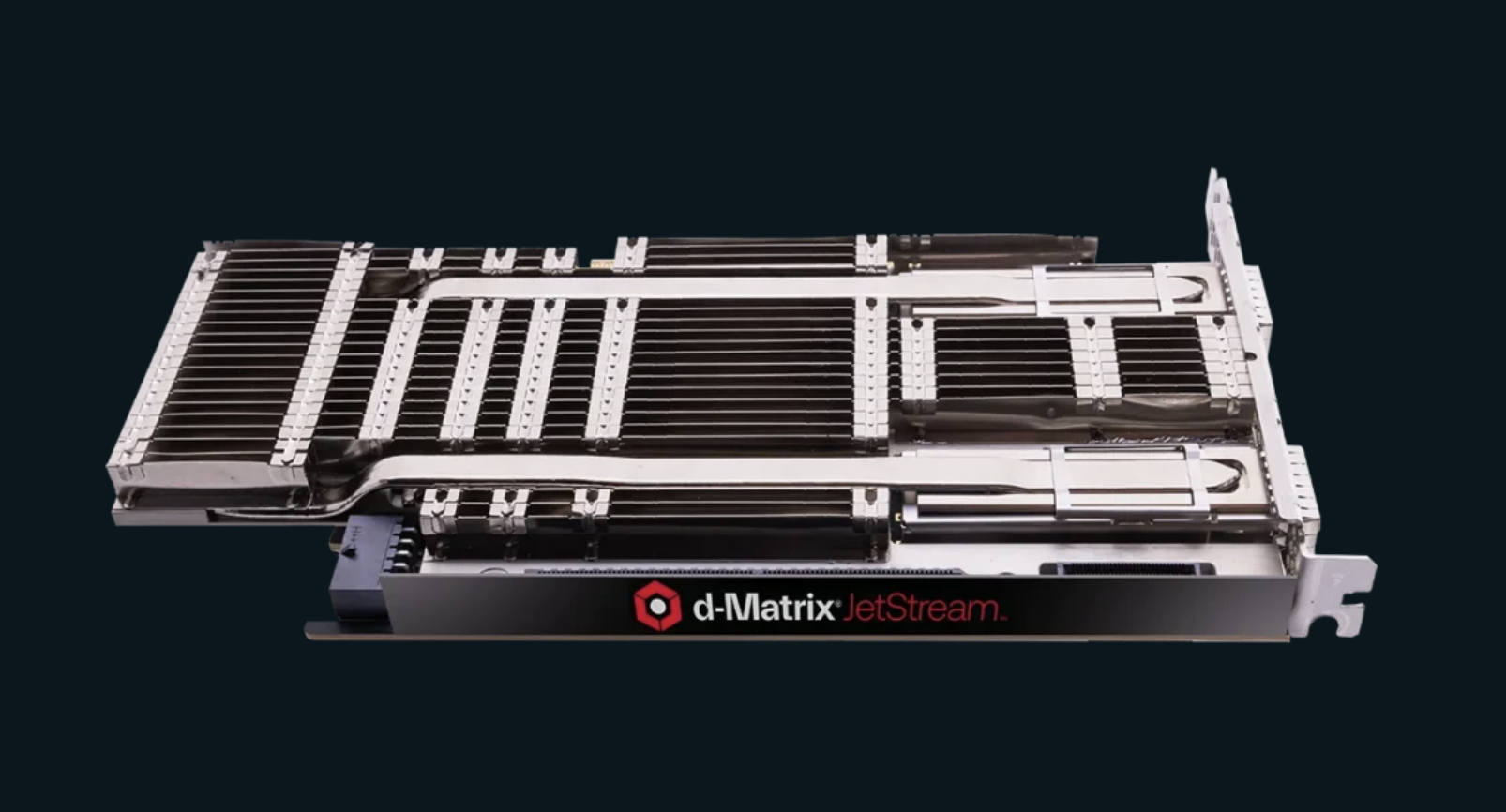 d-Matrix JetStream AI accelerator card with exposed metal heat sinks and cooling channels on a dark background.