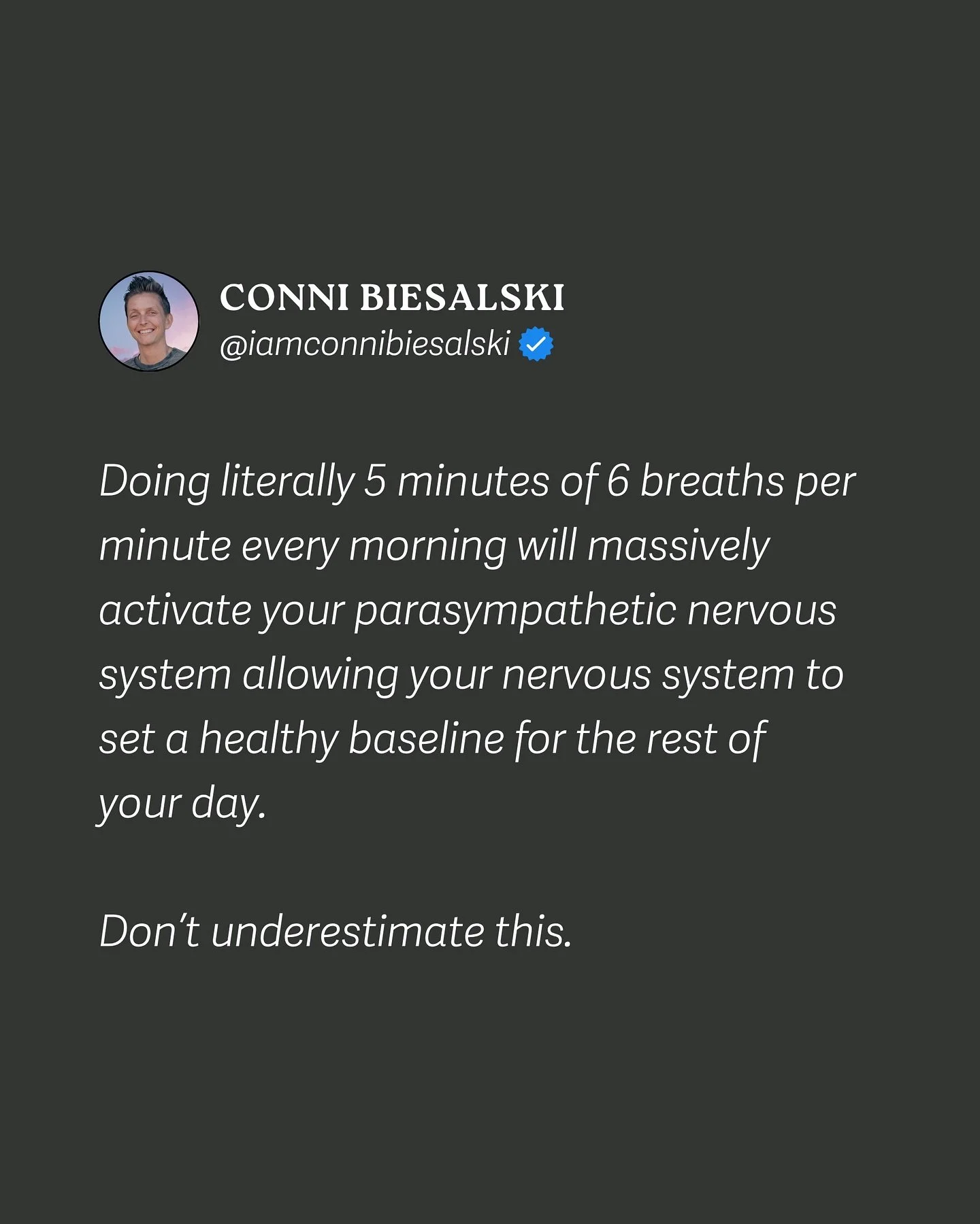 Your nervous system has a &ldquo;set point&rdquo; it returns to throughout the day. 

Most people&rsquo;s set point is mild anxiety and sympathetic arousal.

Five minutes of intentional breathing rewrites that baseline before your inbox does.

While 