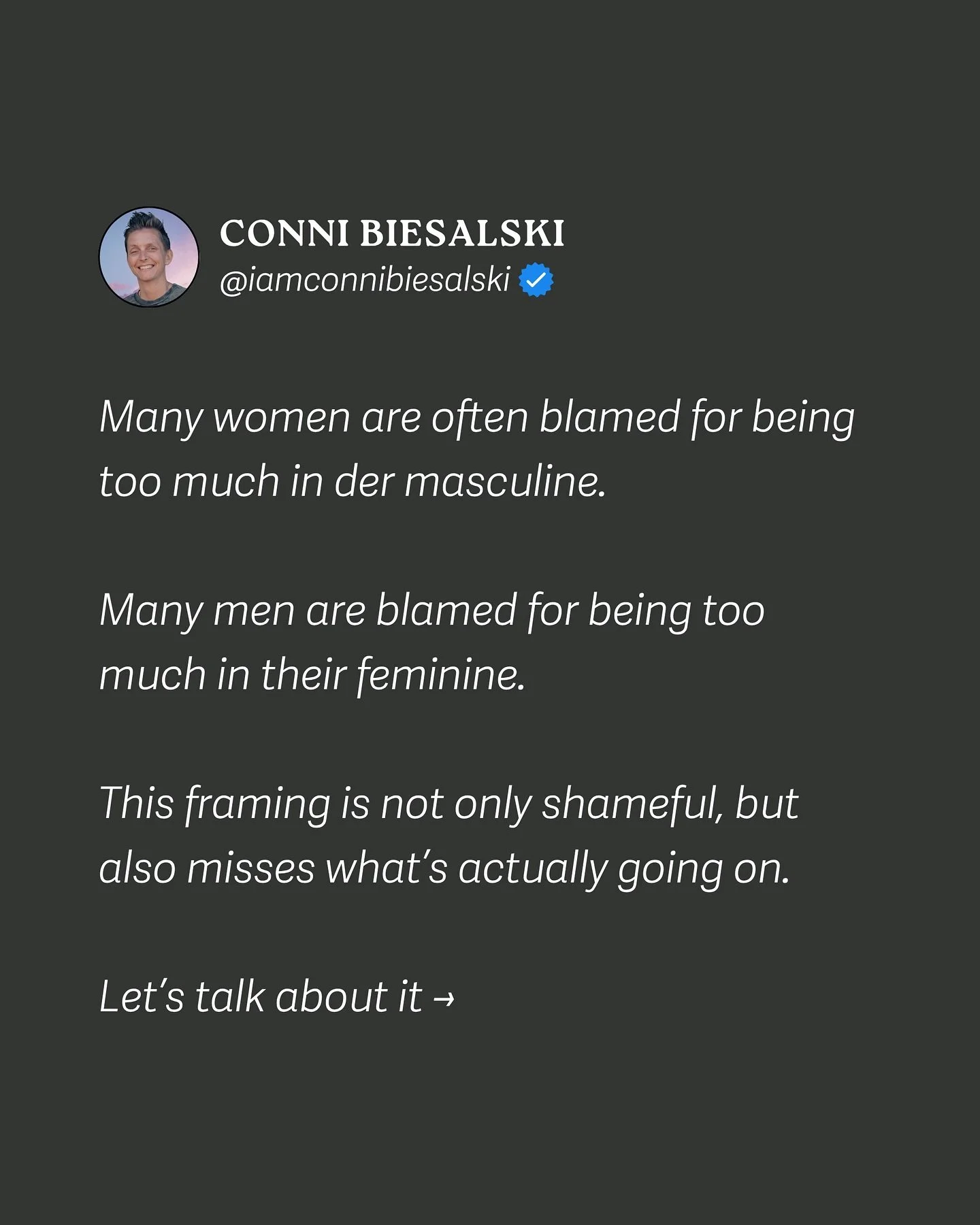 I don&rsquo;t usually use the words feminine and masculine much. I appreciate the gray shades between the black and white of humanity too much.

If anything, I prefer Yin and Yang.
Expression is genderfree, even though there are complementary forces 