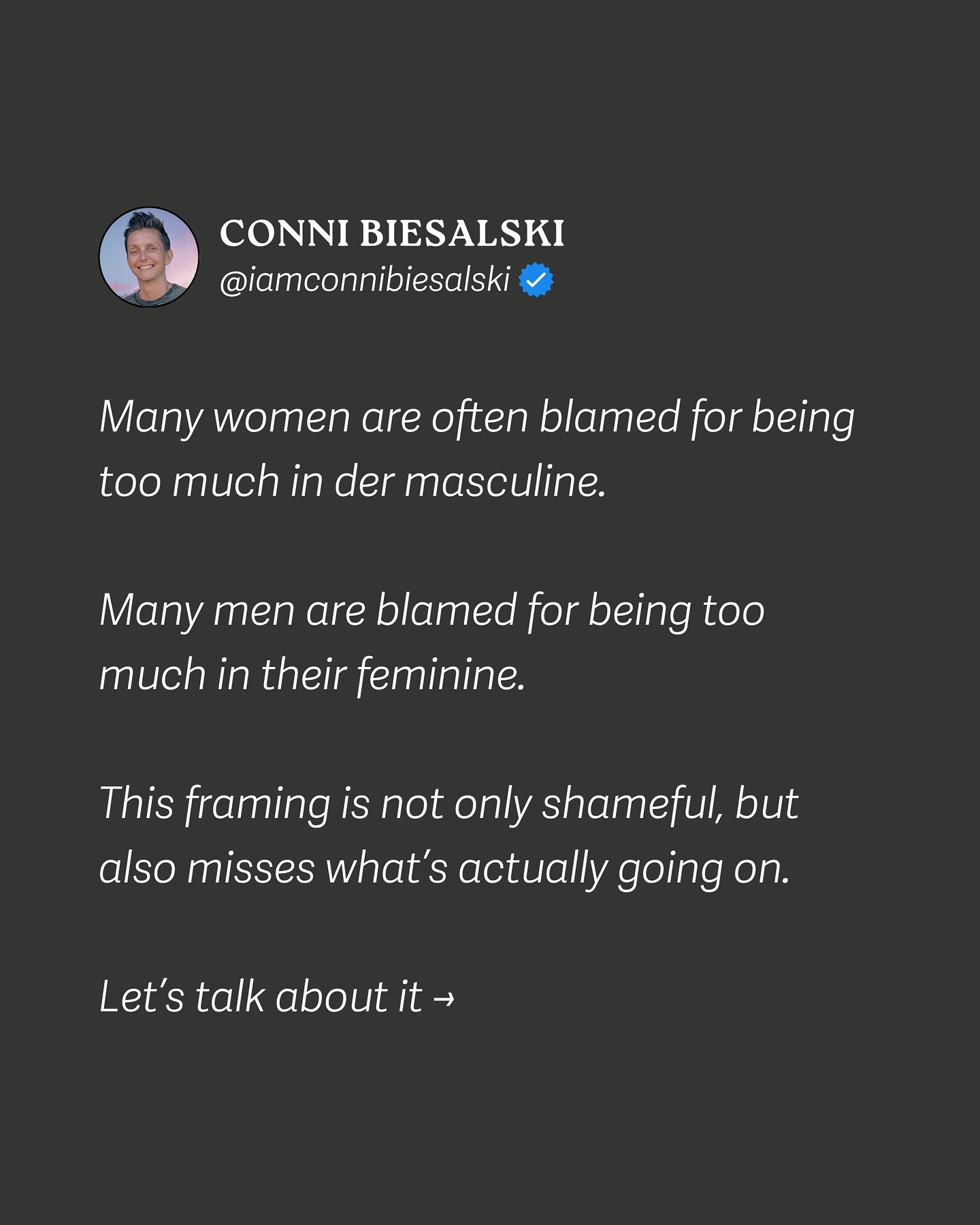 I don&rsquo;t usually use the words feminine and masculine much. I appreciate the gray shades between the black and white of humanity too much.

If anything, I prefer Yin and Yang.
Expression is genderfree, even though there are complementary forces 