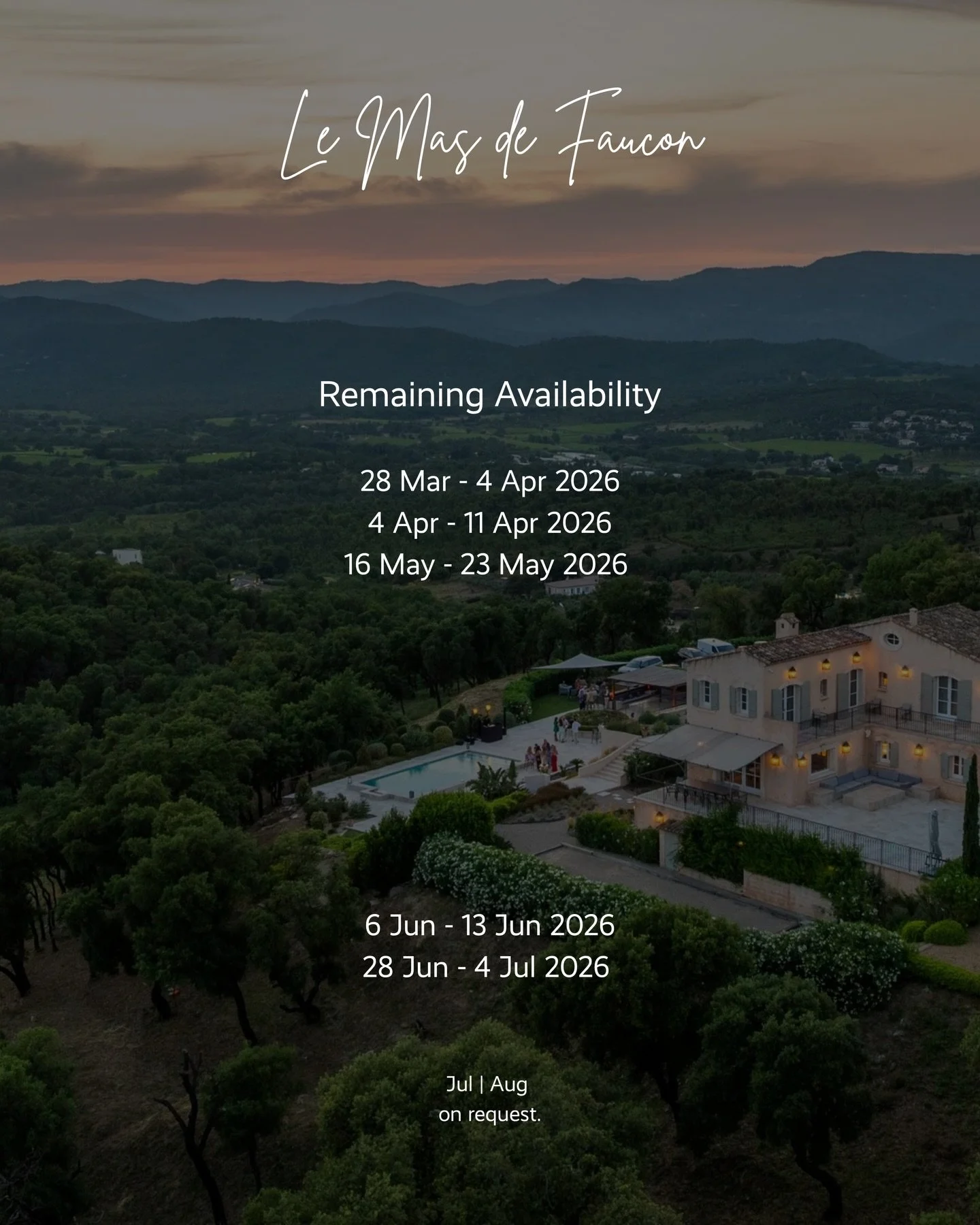 Discover our latest availability at Le Me de Faucon for the early summer season. We invite you to contact us directly or reserve via our website to secure your stay.

July and August availability is offered on request.