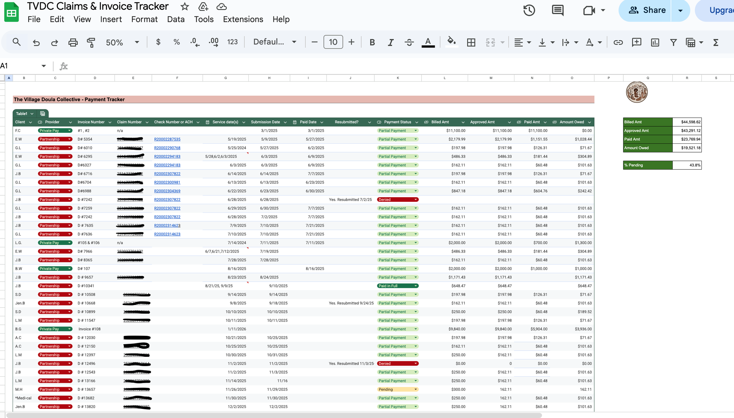 Doula Invoice and Insurance Billing Tracker