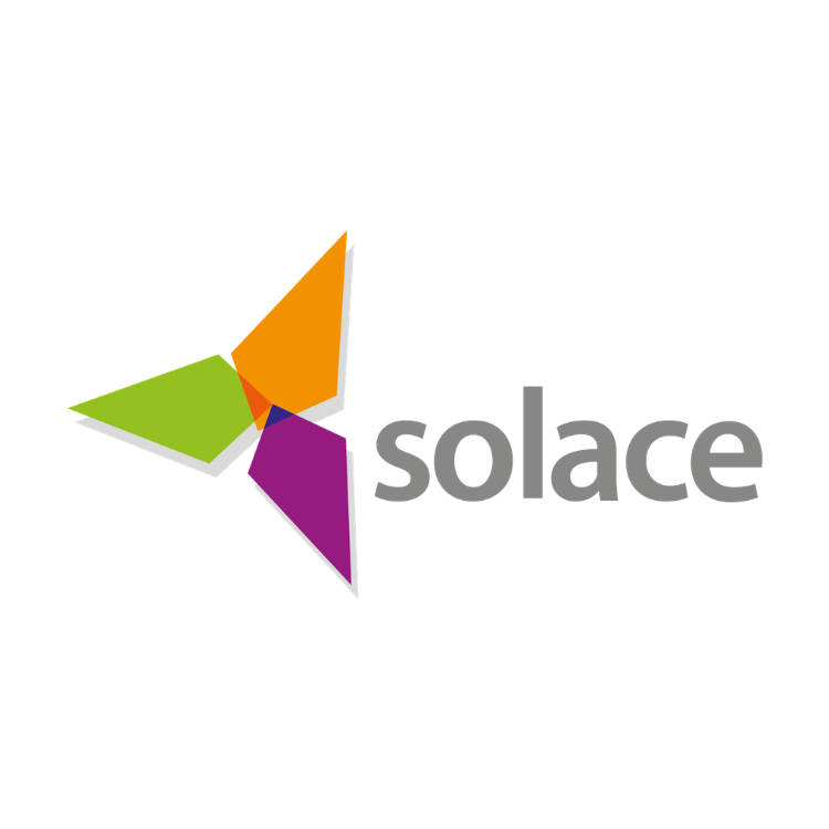 A colorful star-shaped logo with orange, purple, green, and white sections next to the word 'solace' in gray lowercase letters.