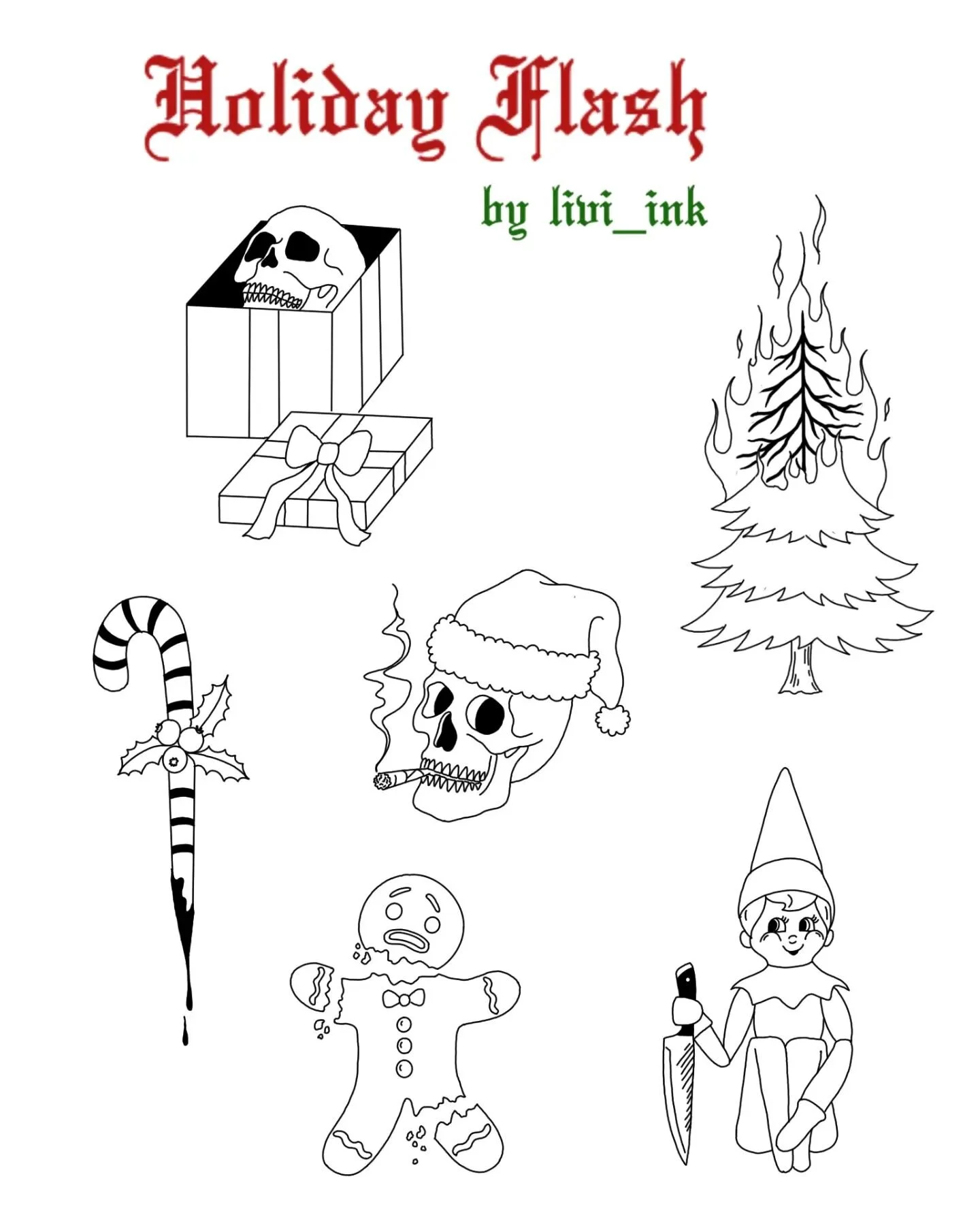 Some fun lil holiday flash available for the rest of December! 🎄 Come in for a walk-in on Fridays or call the shop to book ahead 😊
.
.
.
.
.
.
#flashtattoo #flashsheet #tattooflash #tattooflashart #tattooflashsheet #tattooidea #tattoodesigns #tatto