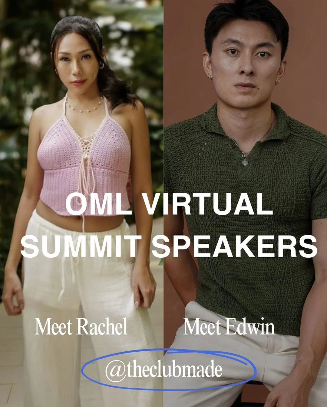 MEET OUR OML VIRTUAL SUMMIT SPEAKERS ✨ Edwin and Rachel @theclubmade 🤍 Edwin is the crochet designer &amp; yarn owner of The Club Made. Edwin and his wife, Rachel, work on their brands and make their audience know that it&rsquo;s good to dream, in s