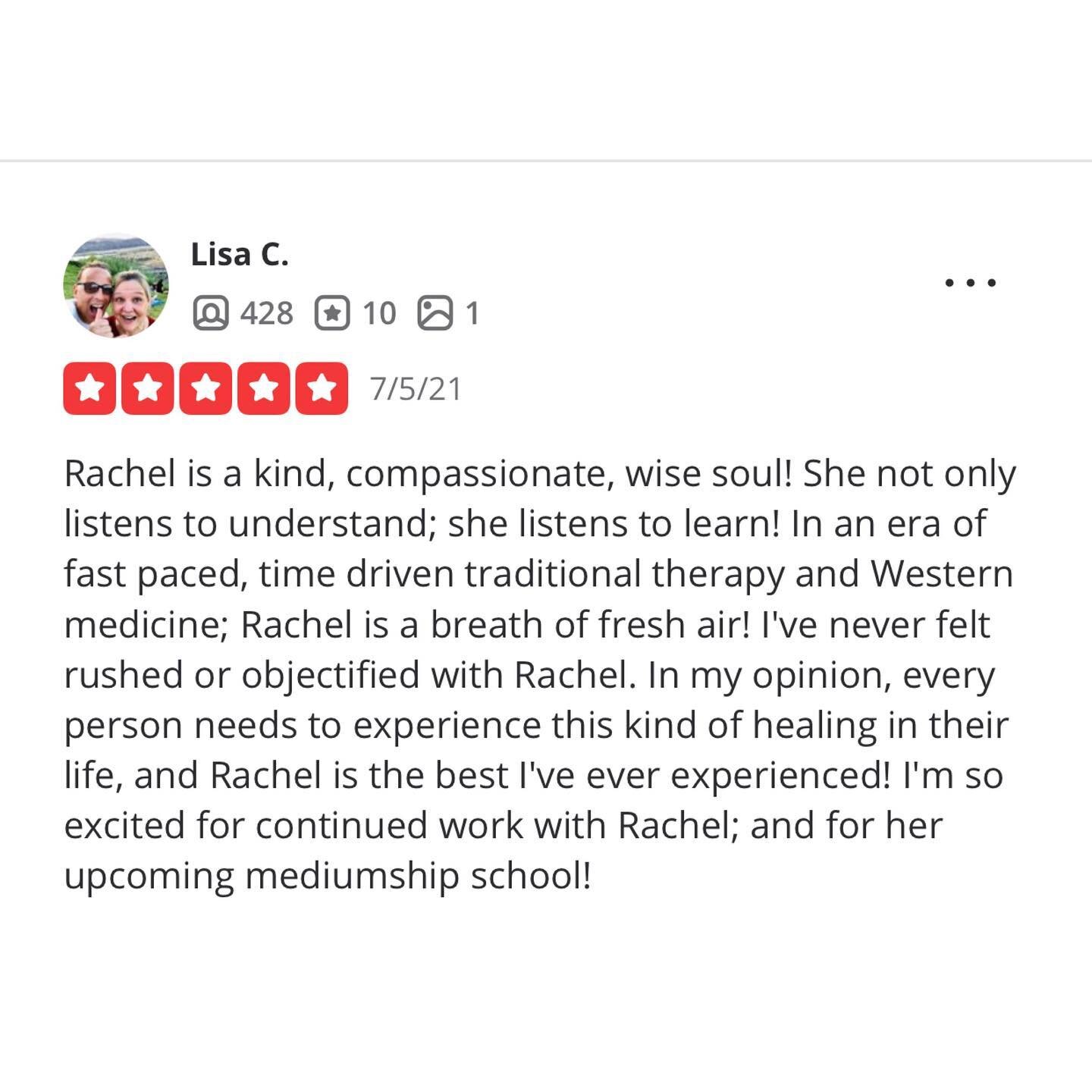 &ldquo;Rachel is a kind compassionate, wise soul! She not only listens to understand; she listens to learn! In an era of fast paced, time driven traditional therapy and western medicine; Rachel is a breath of fresh air! I&rsquo;ve never felt rushed o