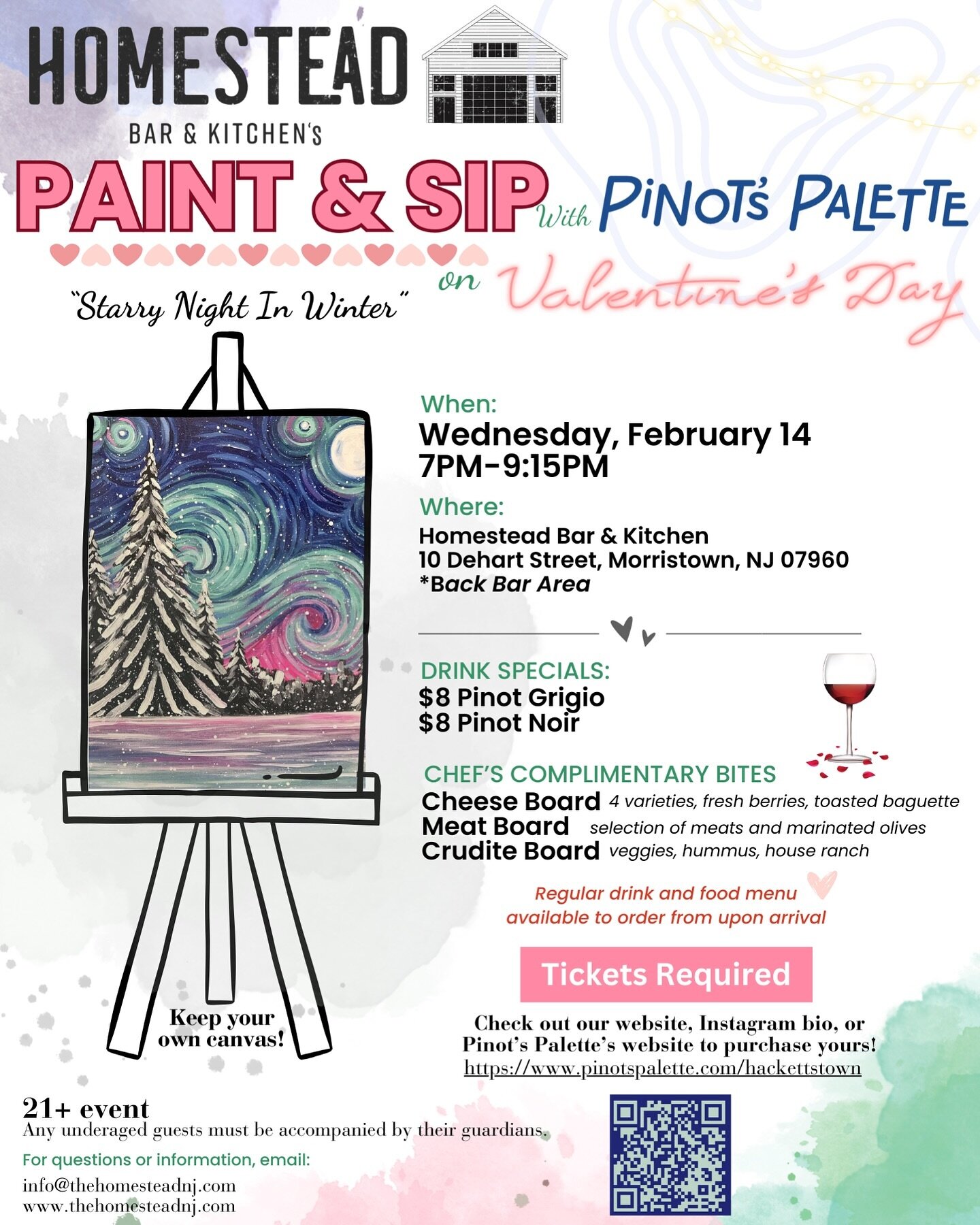 Come paint and sip 🍷🎨 with us on Wednesday, Feb 14th at 7pm! With wine specials, complimentary bar bites, music, and your own canvas, spend the night with us, your friends, or your loved ones! ✨ Tickets required to enter: find them in our bio! 
&bu