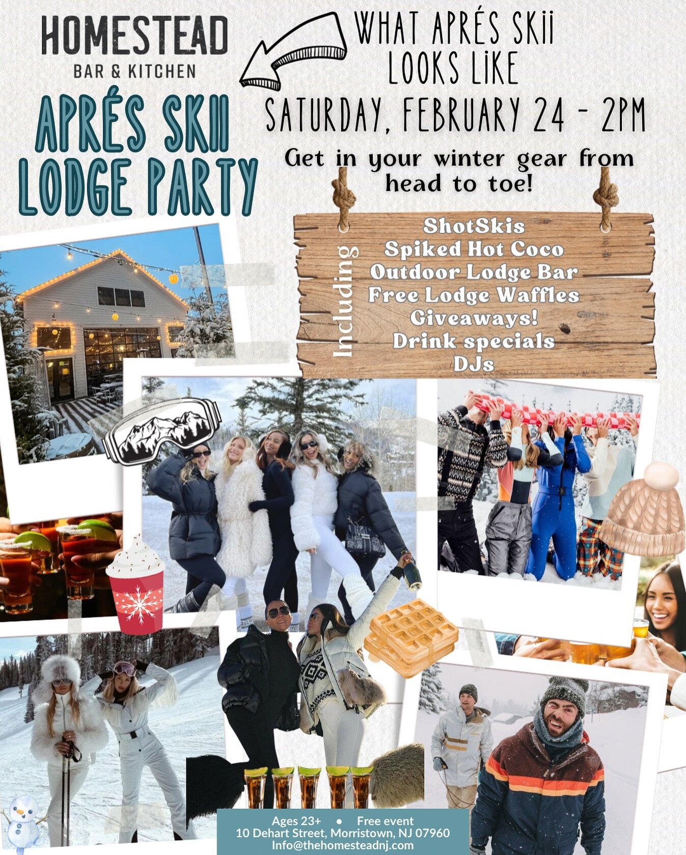 FEB 24th! It&rsquo;s Apr&egrave;s Skii szn ⛷️❄️ Get your winter gear together, show up in your puffer coats, beanies, uggs and more and enjoy our end-of-winter Skii lodge party! With ShotSkiis, giveaways, free mini waffles, hot coco (or spiked) our o