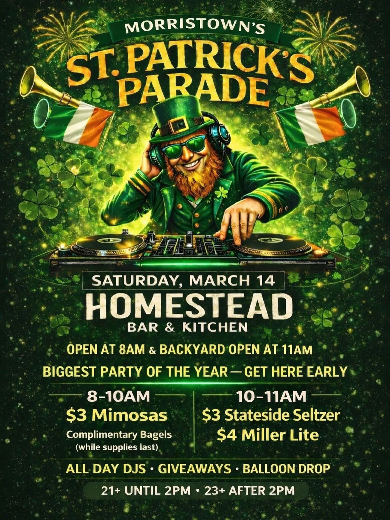🍀We can&rsquo;t believe our FAVORITE DAY of the year is almost only TWO WEEKS AWAY. P A R A D E  D A Y
‼️OPEN AT 8AM + OUR BACKYARD OPEN AT 11AM ‼️
21+ UNTIL 2PM, 23+ AFTER.🍀
ARRIVE EARLY &amp; BEAT THE LINE 
&bull;
&bull;
#NJ #bar #party #dj newje