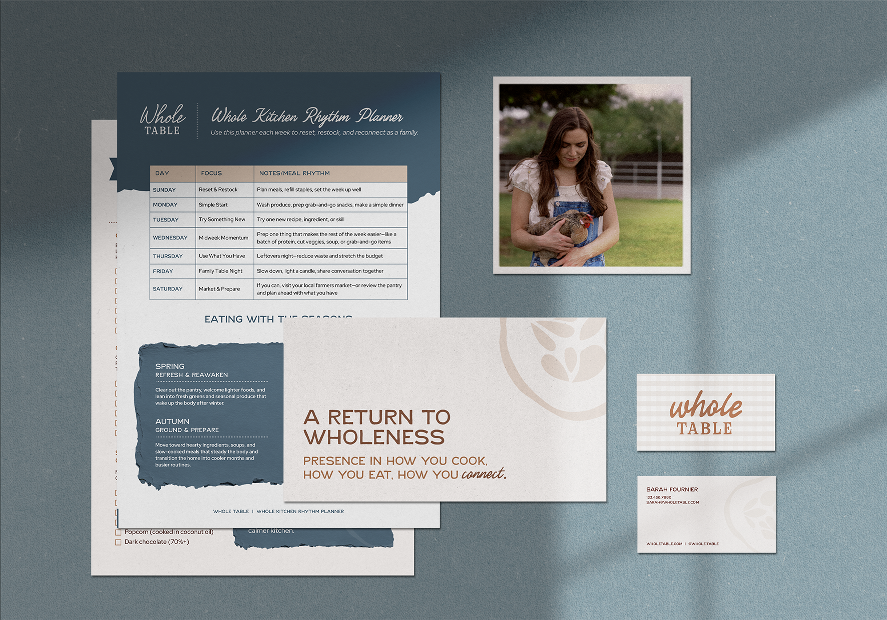  Earthy, organic branding for a whole foods education business showcased in various paper goods. 