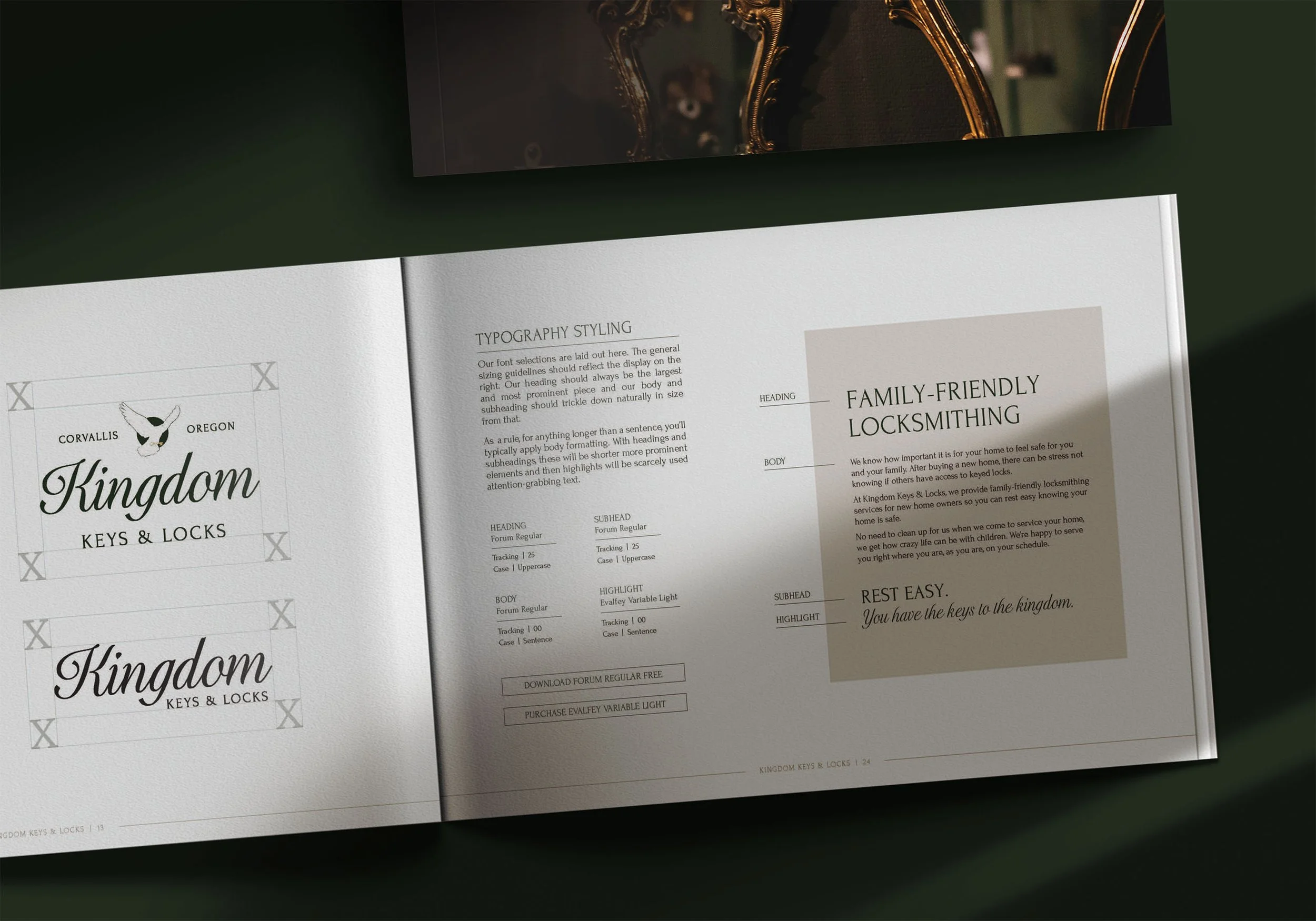  A flat-lay of brand guidelines for a locksmith company. 