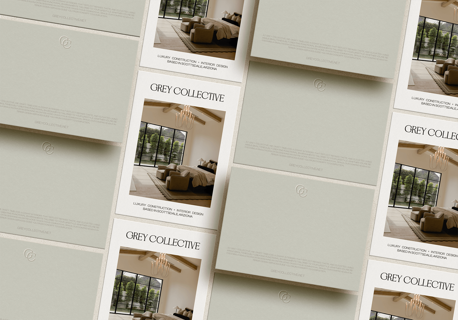 Grey Collective luxury branding utilized on notecards and stationery.
