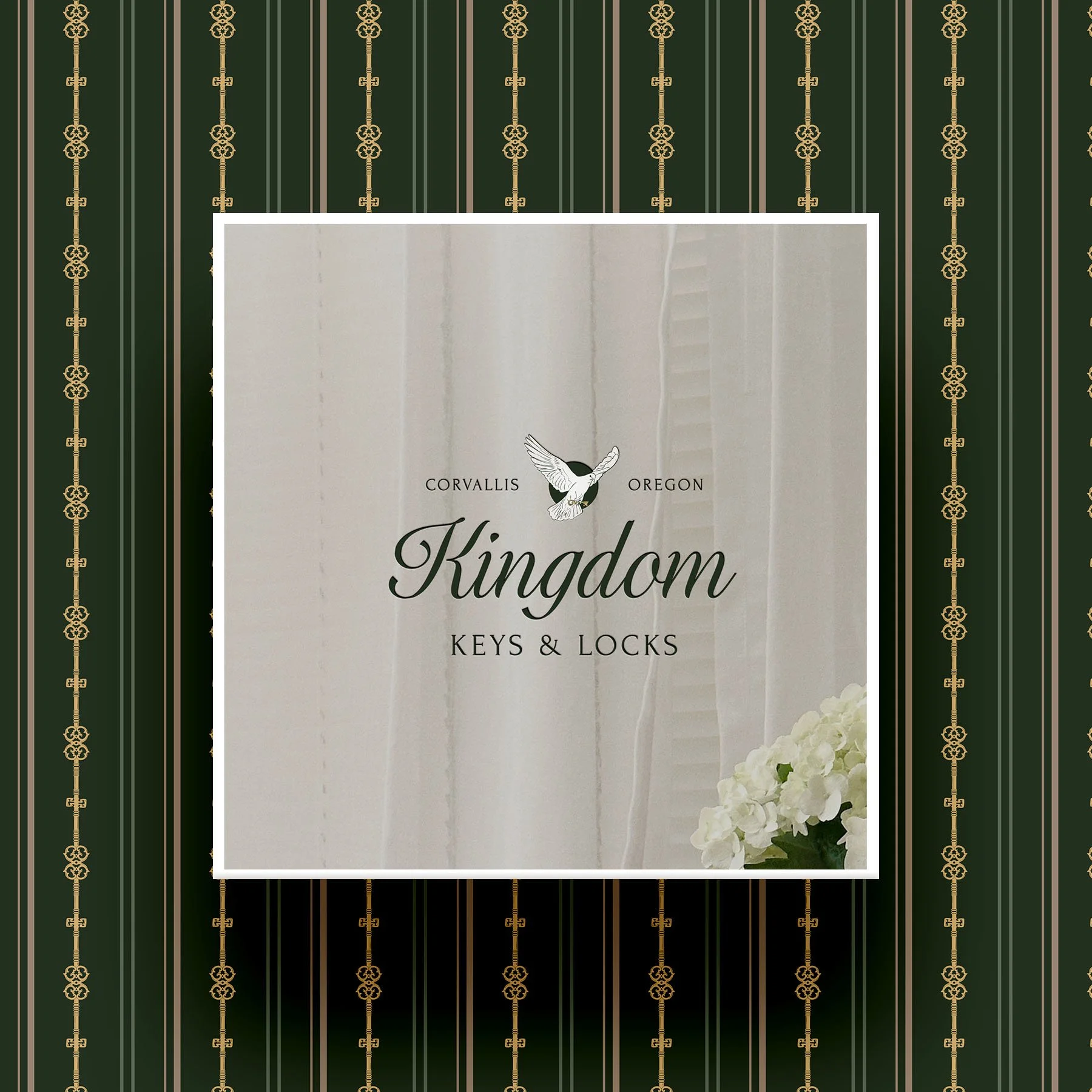 The Kingdom Keys & Locks logo is displayed over their custom brand pattern.