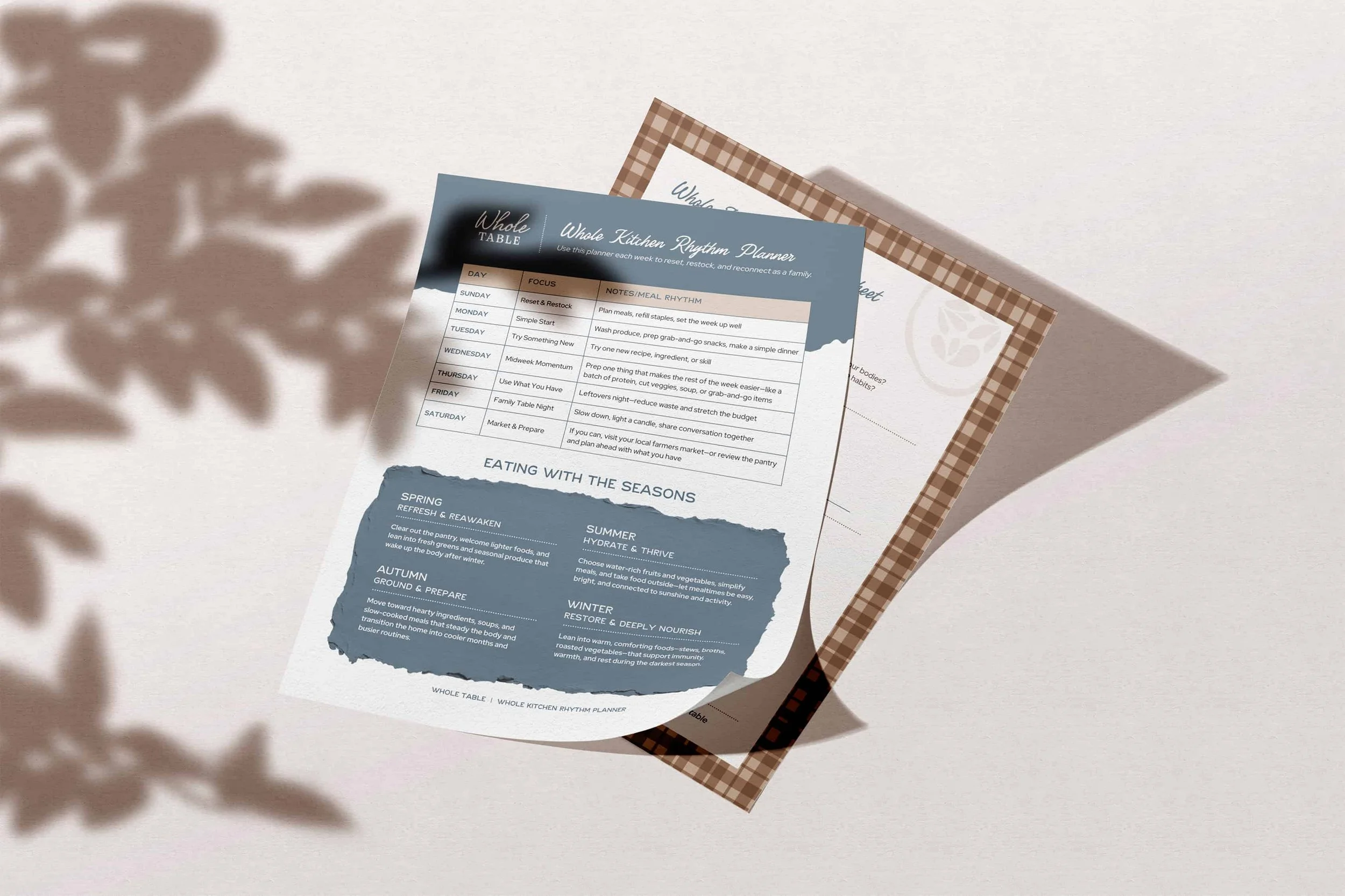 A flat lay of two branded one-pagers for an education-forward platform rooted in family-oriented, whole foods-based content. 