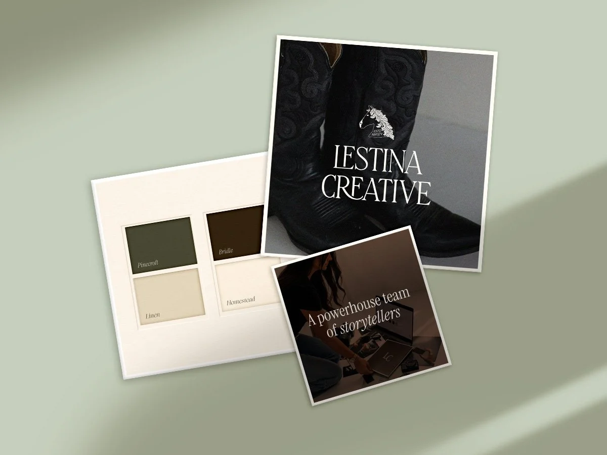 3 cards laid on top of each other, one containing a brand color palette, one containing a brand photo, and one containing a logo, constituting an overview of a brand identity.