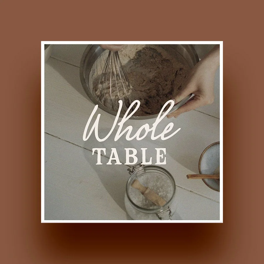 A photo of someone mixing a batter in a bowl, with the primary Whole Table logo in white over top.