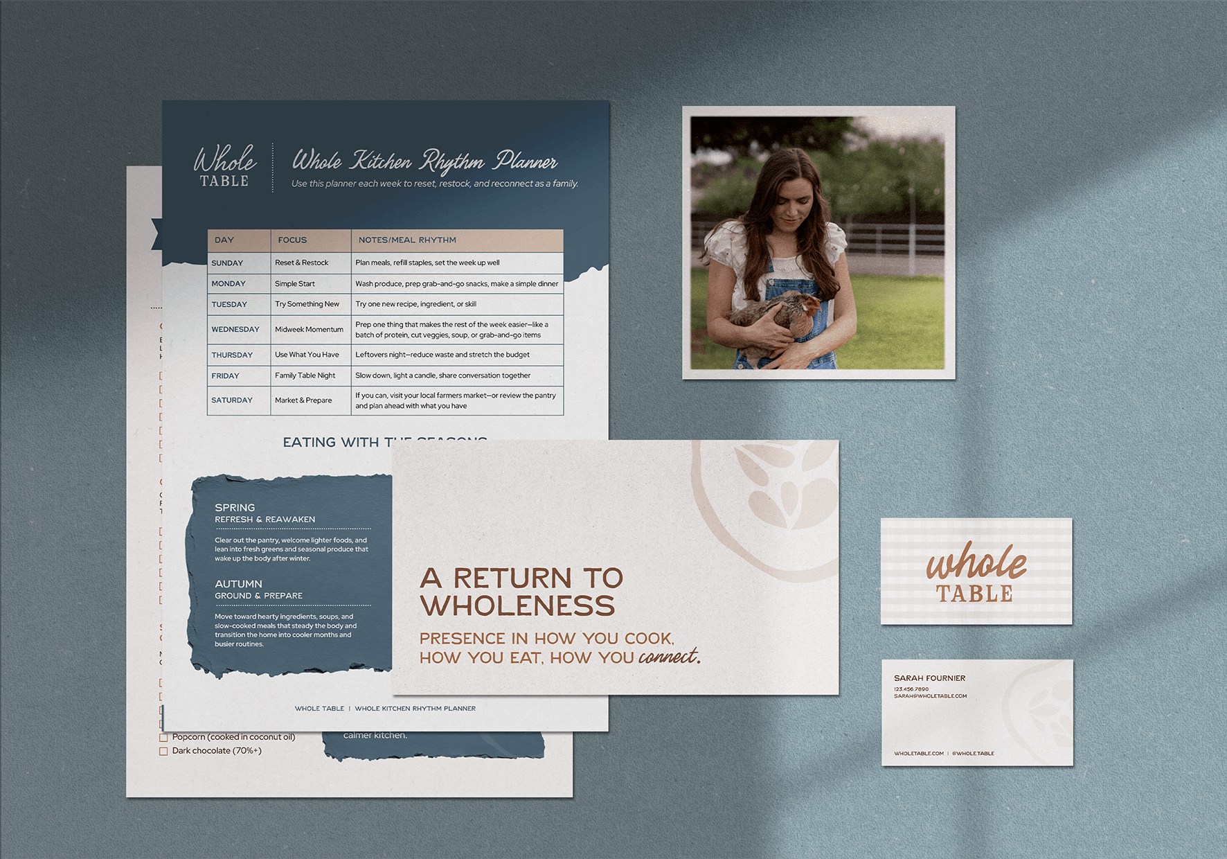 A flat lay of branded graphic materials for wholistic food brand, Whole Food.