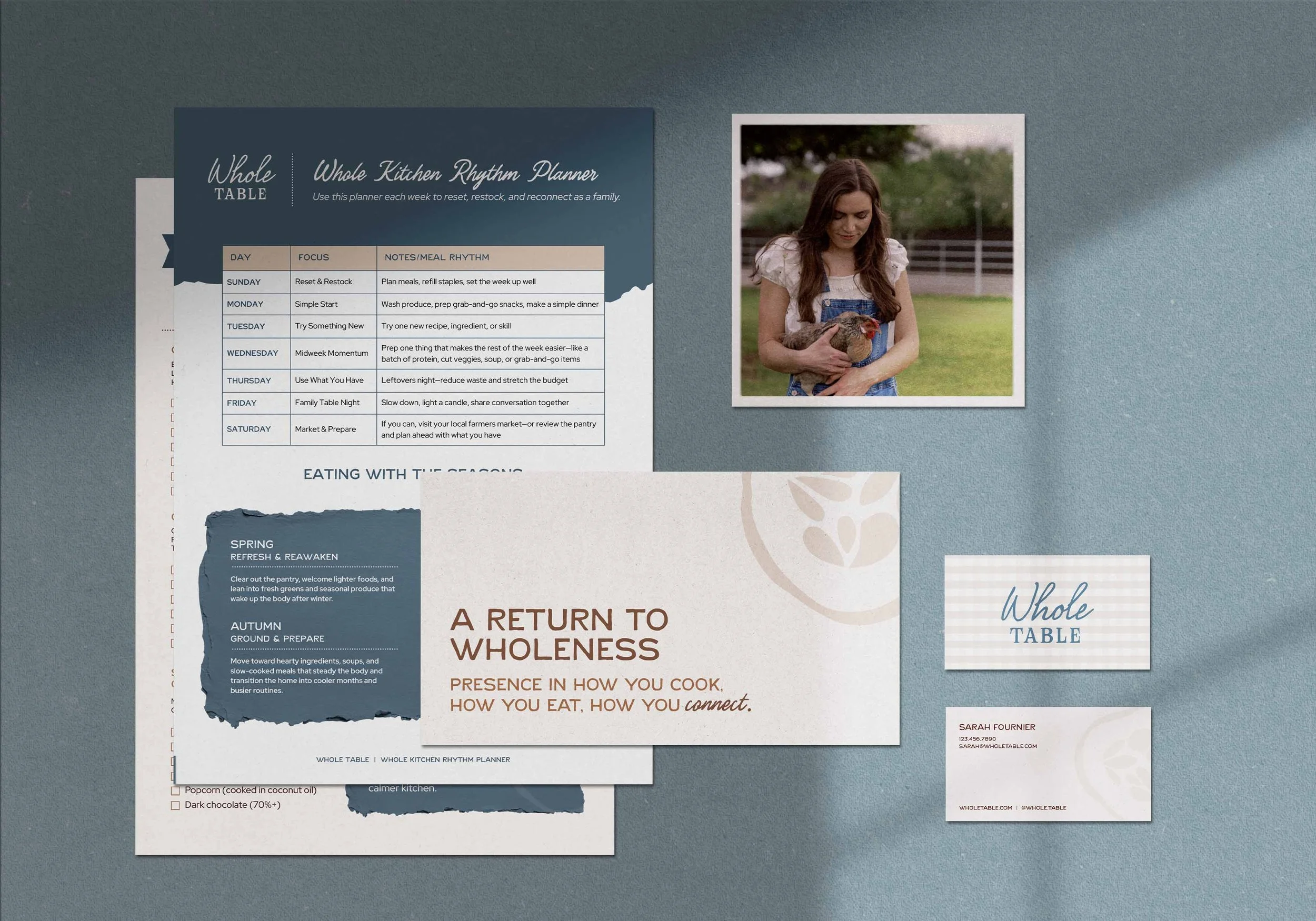 A flat lay of branded graphic materials for wholistic food brand, Whole Food.