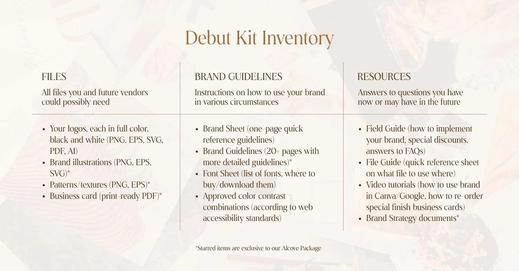 An inventory of everything included in the debut kit.