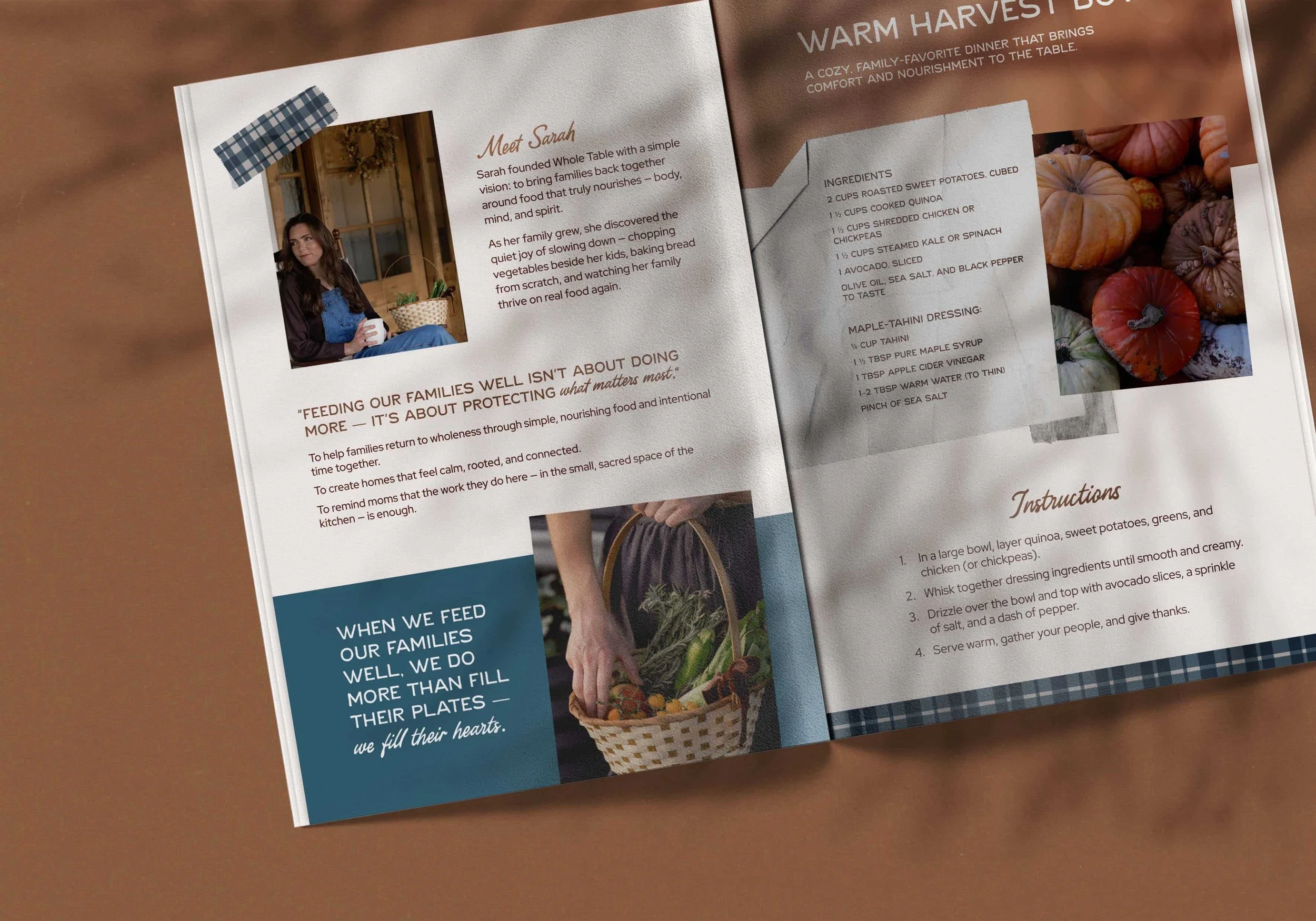 A branded cookbook lays out on a solid background.