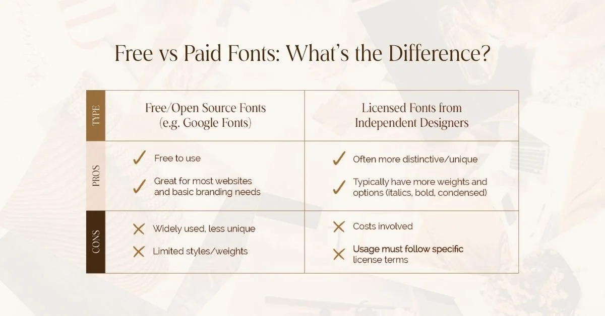 A graphic that outlines the differences between Free/Open-source fonts and Licensed/Paid fonts.