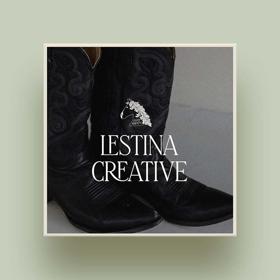 A logo for professional visual branding agency, Lestina Creative, displayed over an image of cowboy boots.