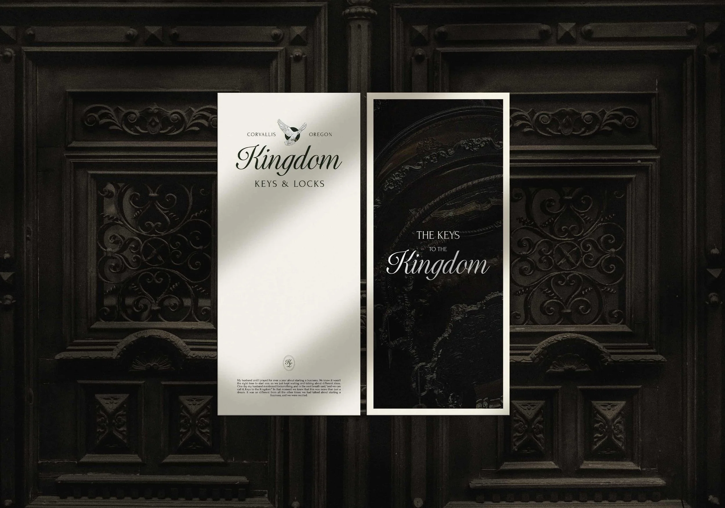 The front and back of a brochure with Kingdom's branding utilized on a dark photo of an antique wooden door.