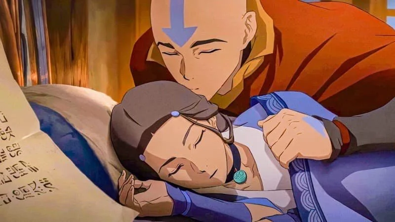 Aang kissing Katara goodbye   Image Source: Entertainment Access