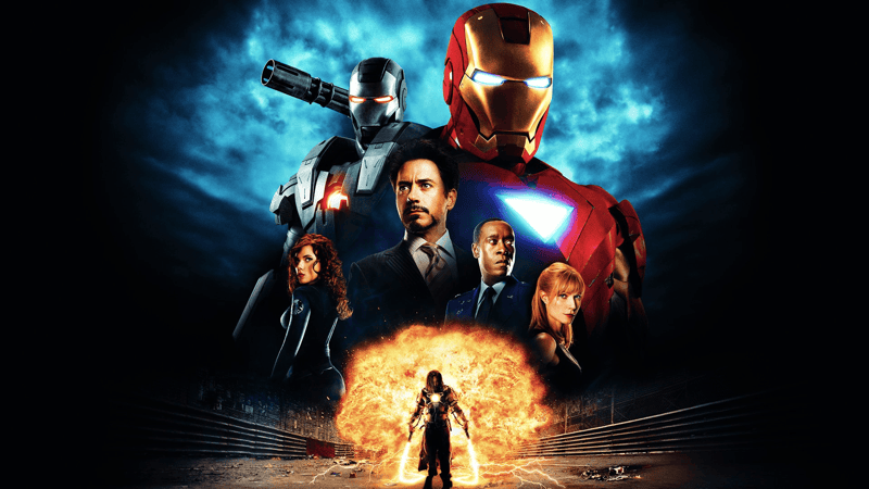 Robert Downey Jr., Don Cheadle, Gwyneth Paltrow, Scarlet Johansson, and Mickey Rourke on the poster for Iron Man 2