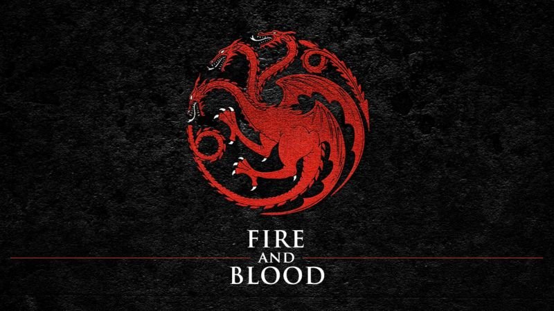 Black background with red three-headed dragon symbol; “Fire and Blood” in white lettering underneath