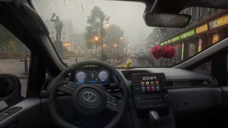 Gameplay promotional image from Rideshare “Stimulator” featuring the driver's seat inside a car. Wheel and dashboard are visible, showing off the radio and its digital screen.  Image Source: Steam