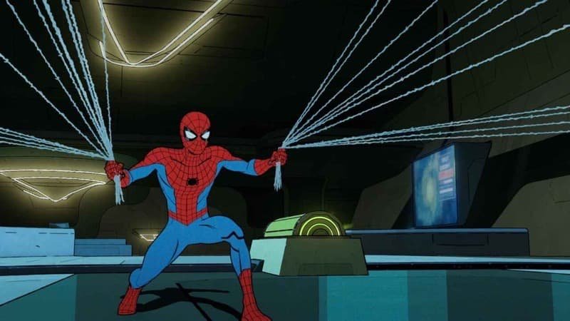 Screenshot from the season finale of Your Friendly Neighborhood Spider-Man featuring Peter Parker in his super suit gripping a multitude of web streams while bracing himself, a lab-like environment in the background.  Image Source: IMDb