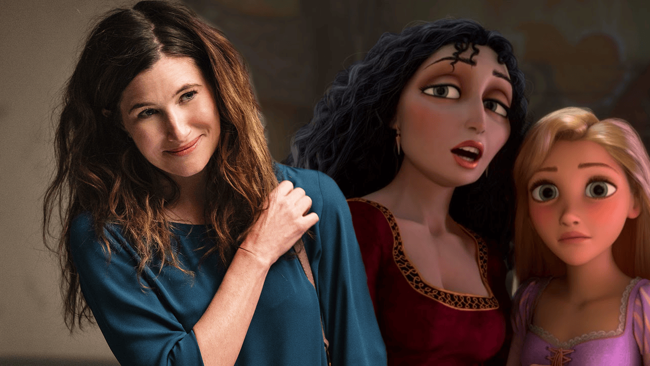 Kathryn Hahn posing, edited onto a still of Tangled showing Mother Gothel with Rapunzel