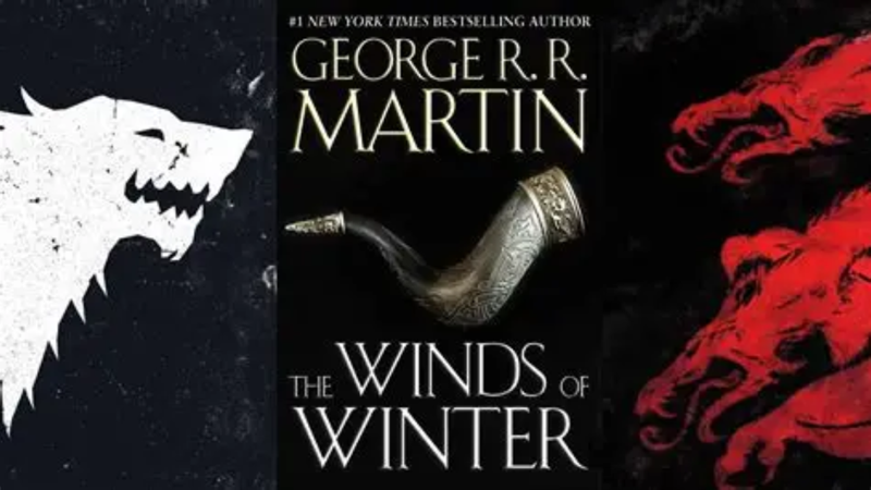 Image Description: The cover of The Winds of Winter on black background with the white Stark direwolf to the left and the red Targaryen dragon to the right.