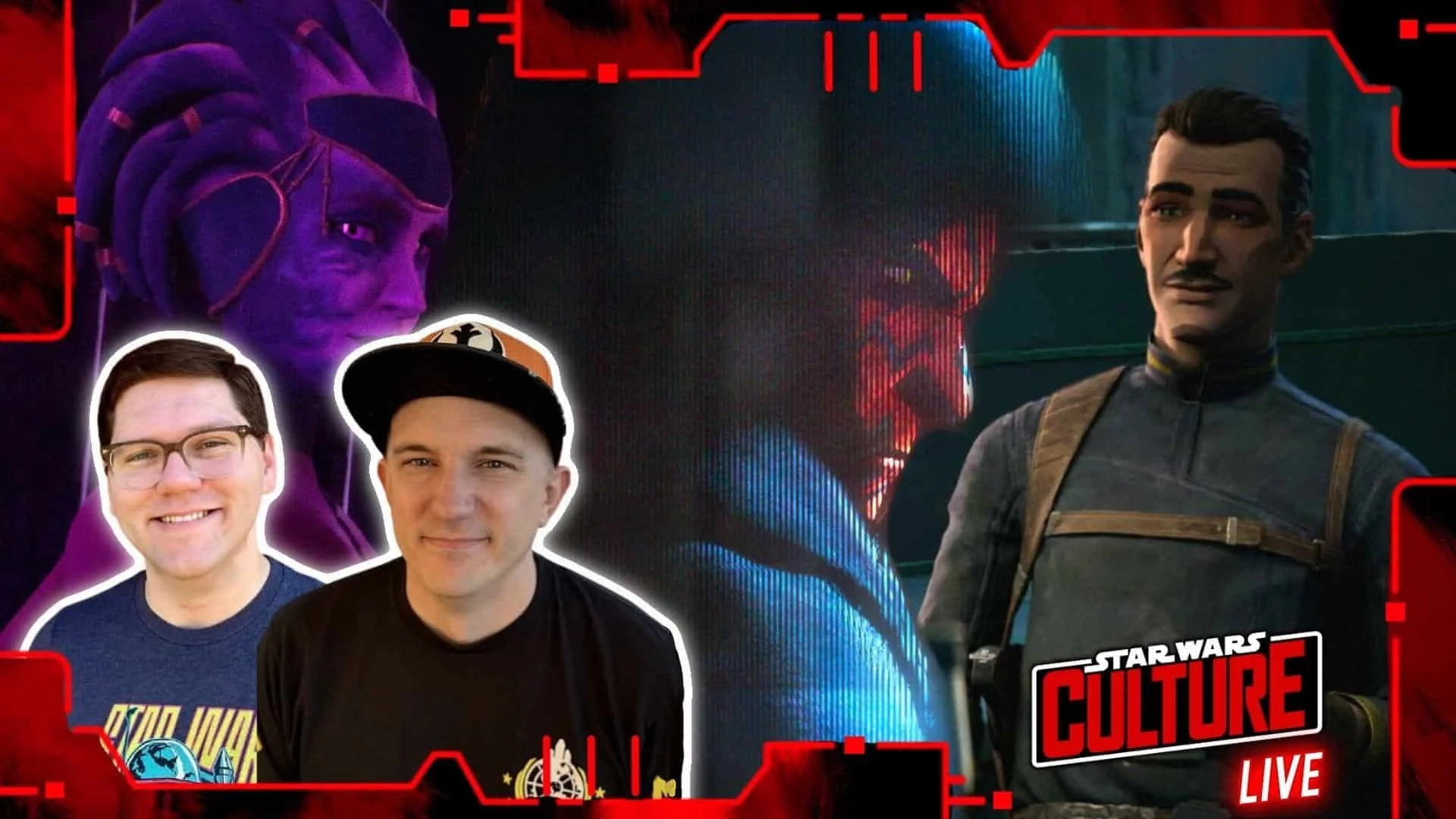 Thumbnail for ‘Star Wars Culture LIVE’ podcast featuring the hosts and some images from Maul - Shadow Lord.