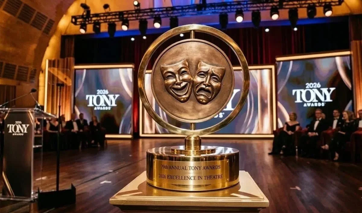 A statue of a comedy and tragedy mask for the 2026 Tony Awards