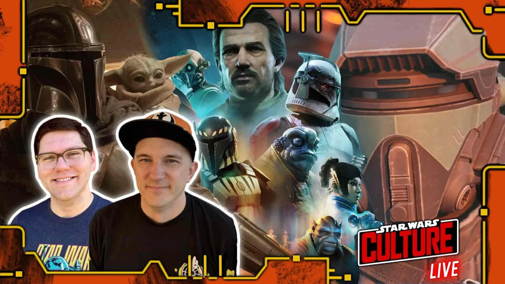 Thumbnail for ‘Star Wars Culture LIVE’ podcast featuring the hosts and images from video game trailers and The Mandalorian and Grogu Image Source: CultureSlate