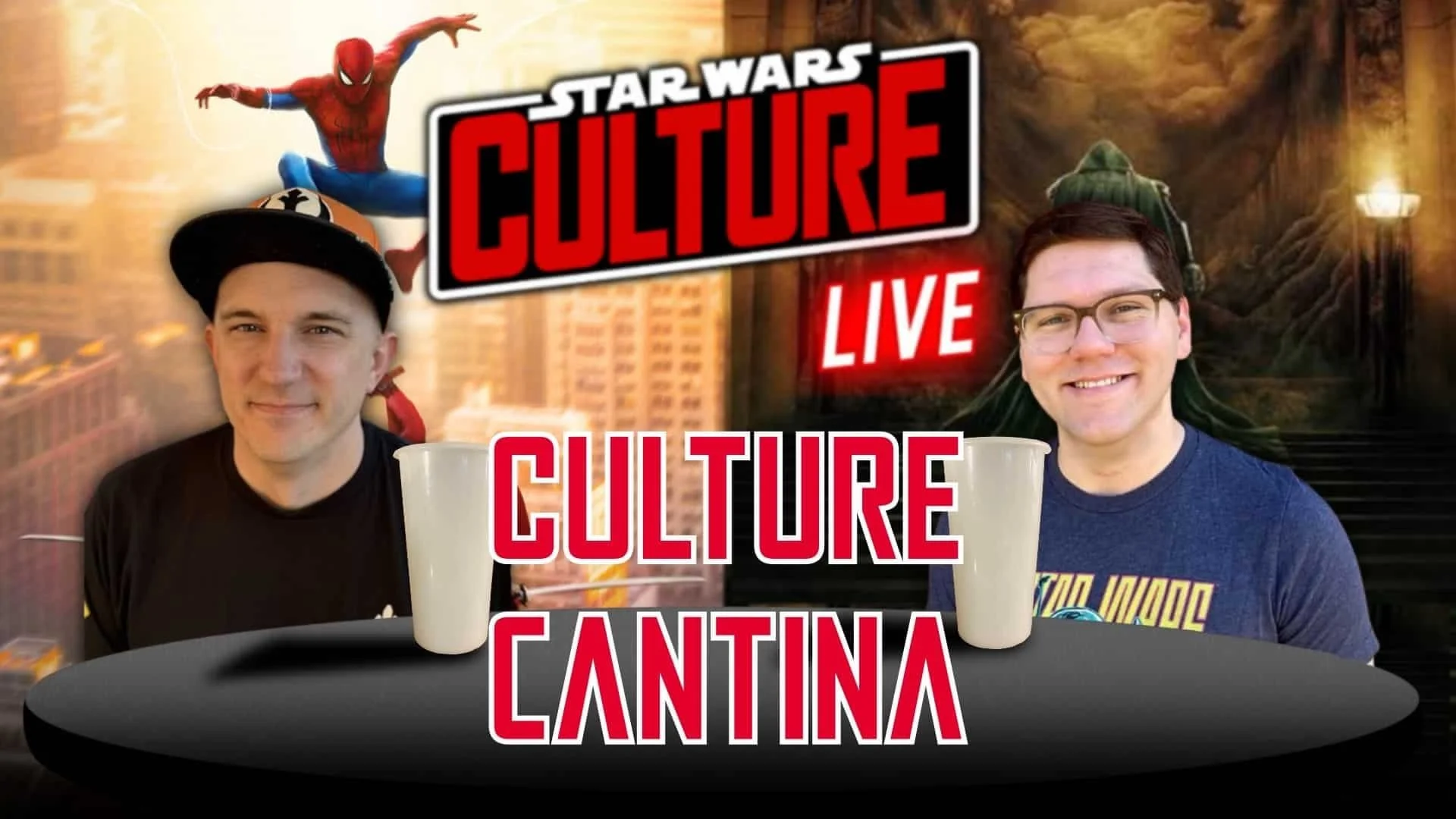 Thumbnail for ‘Star Wars Culture LIVE’ podcast featuring the hosts and some MCU imagery.  Image Source: CultureSlate